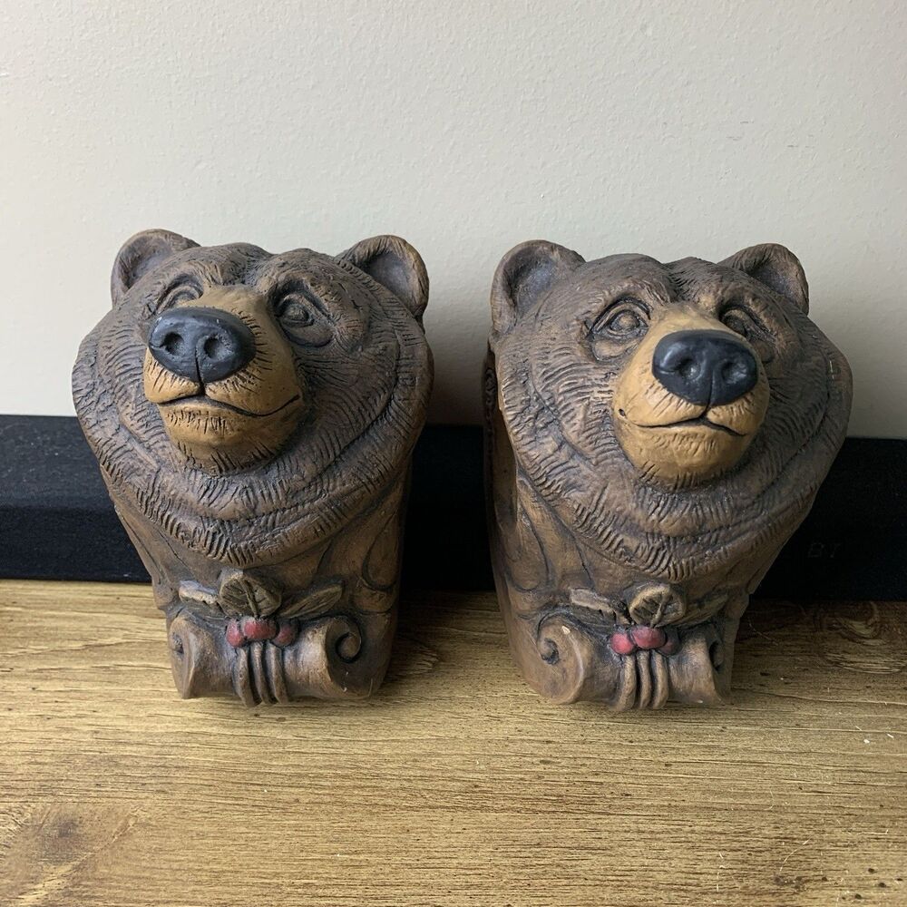 2001 Telle M Stein 2 Brown Bear Drapery Bracket Curtin Rod Holder Folk Art Decor